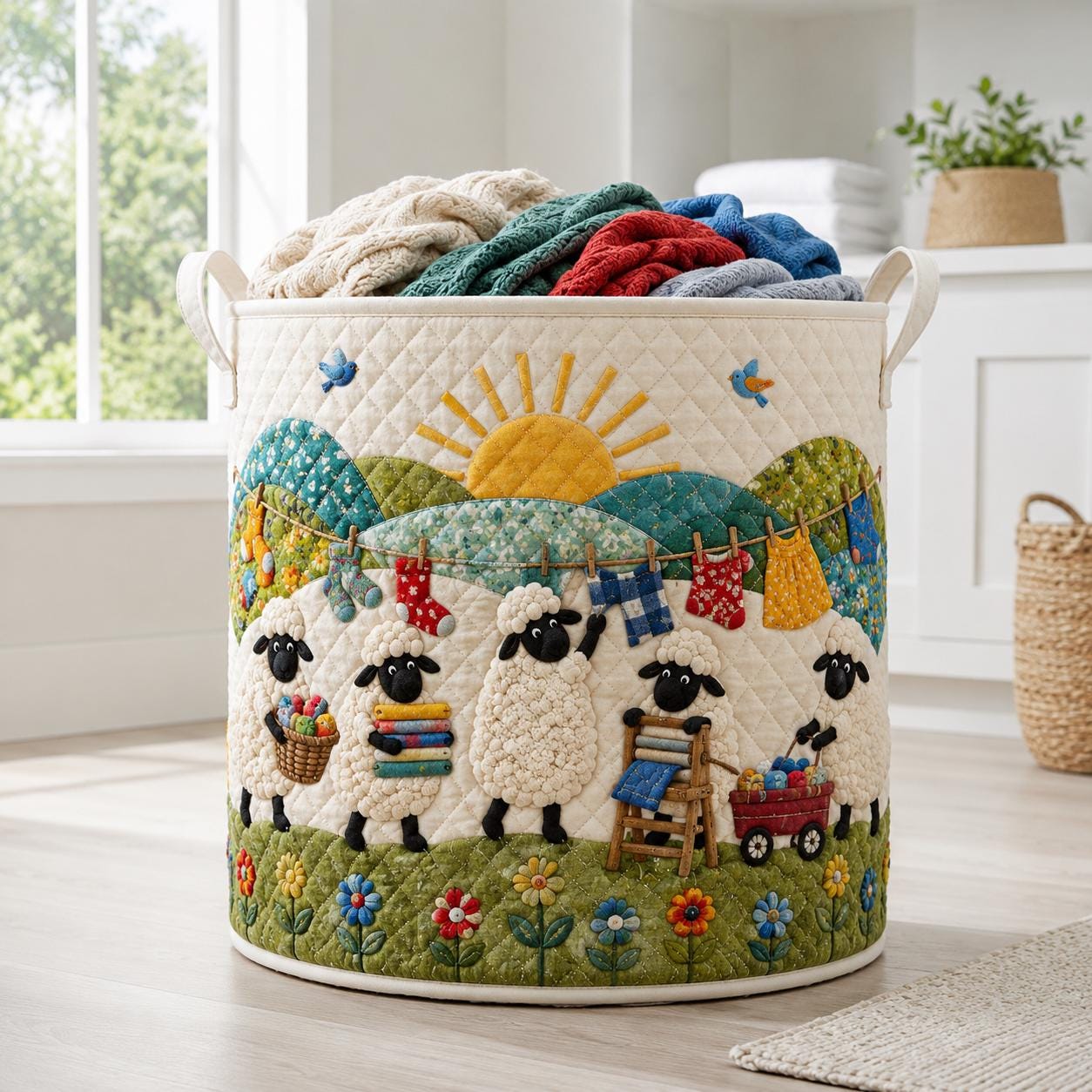 Sheep Laundry Basket – Farmhouse Lamb Hamper and Quilt Style Laundry Room Storage Bin for Farm Animal Organizer, Home Gift - photo 2