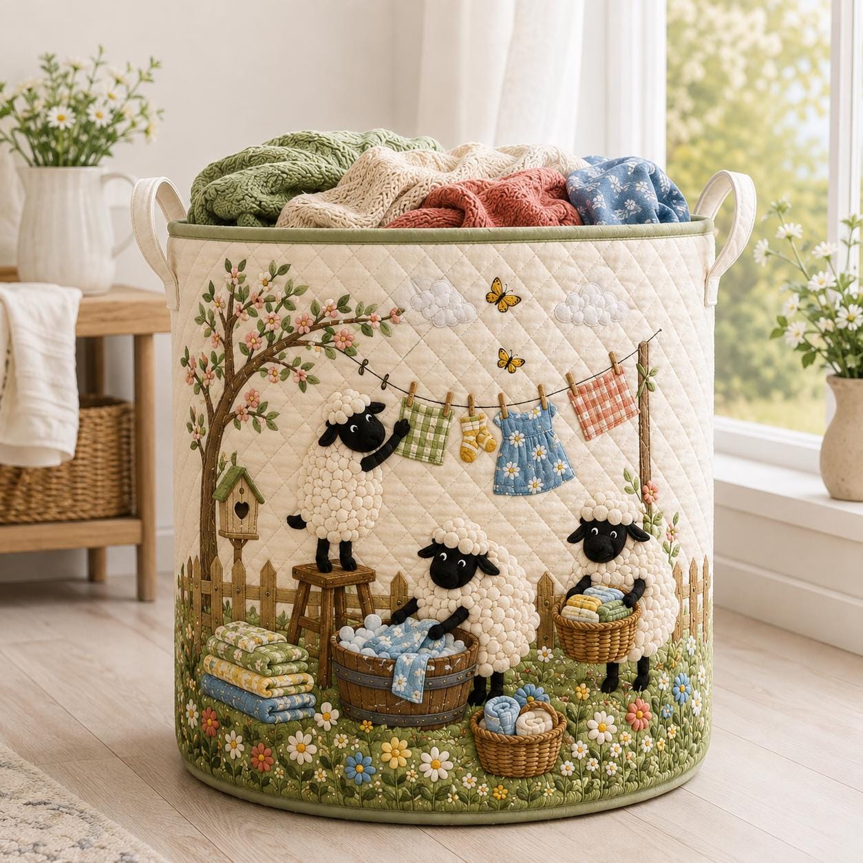 Sheep Laundry Basket – Farmhouse Lamb Hamper and Quilt Style Laundry Room Storage Bin for Farm Animal Organizer, Home Gift - photo 3