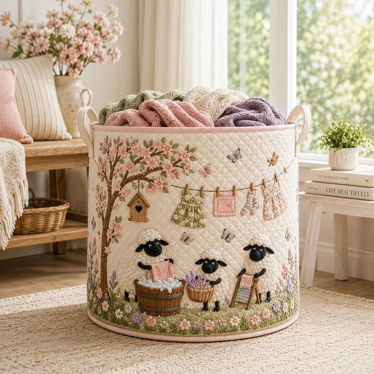 Sheep Laundry Basket – Farmhouse Lamb Hamper and Quilt Style Laundry Room Storage Bin for Farm Animal Organizer, Home Gift - photo 6