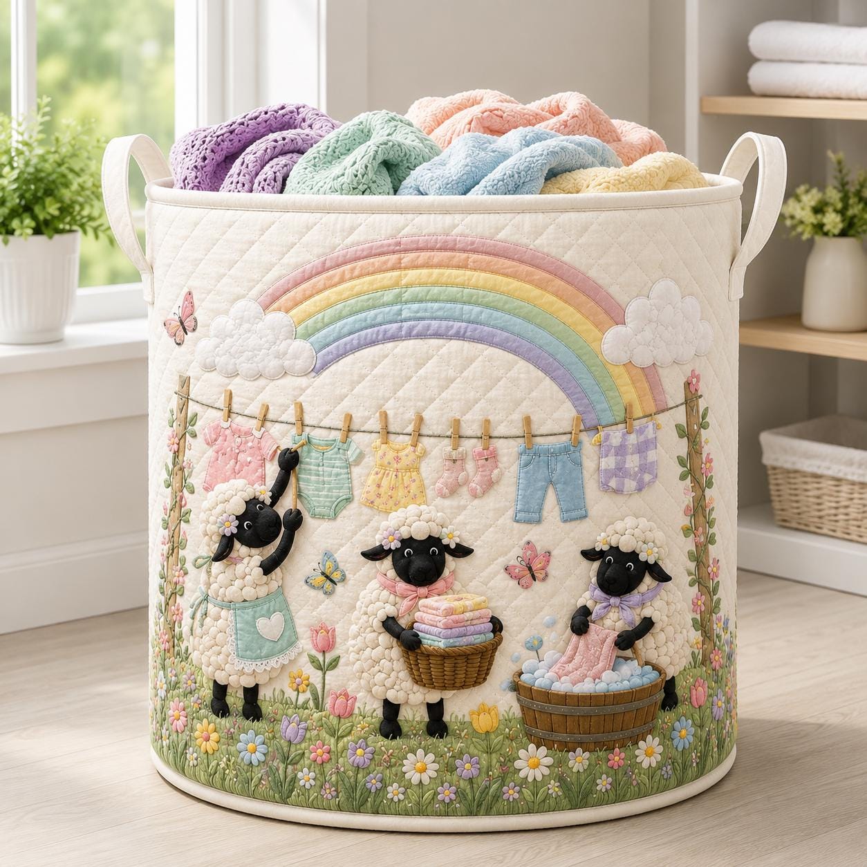Sheep Laundry Basket – Farmhouse Lamb Hamper and Quilt Style Laundry Room Storage Bin for Farm Animal Organizer, Home Gift - photo 7