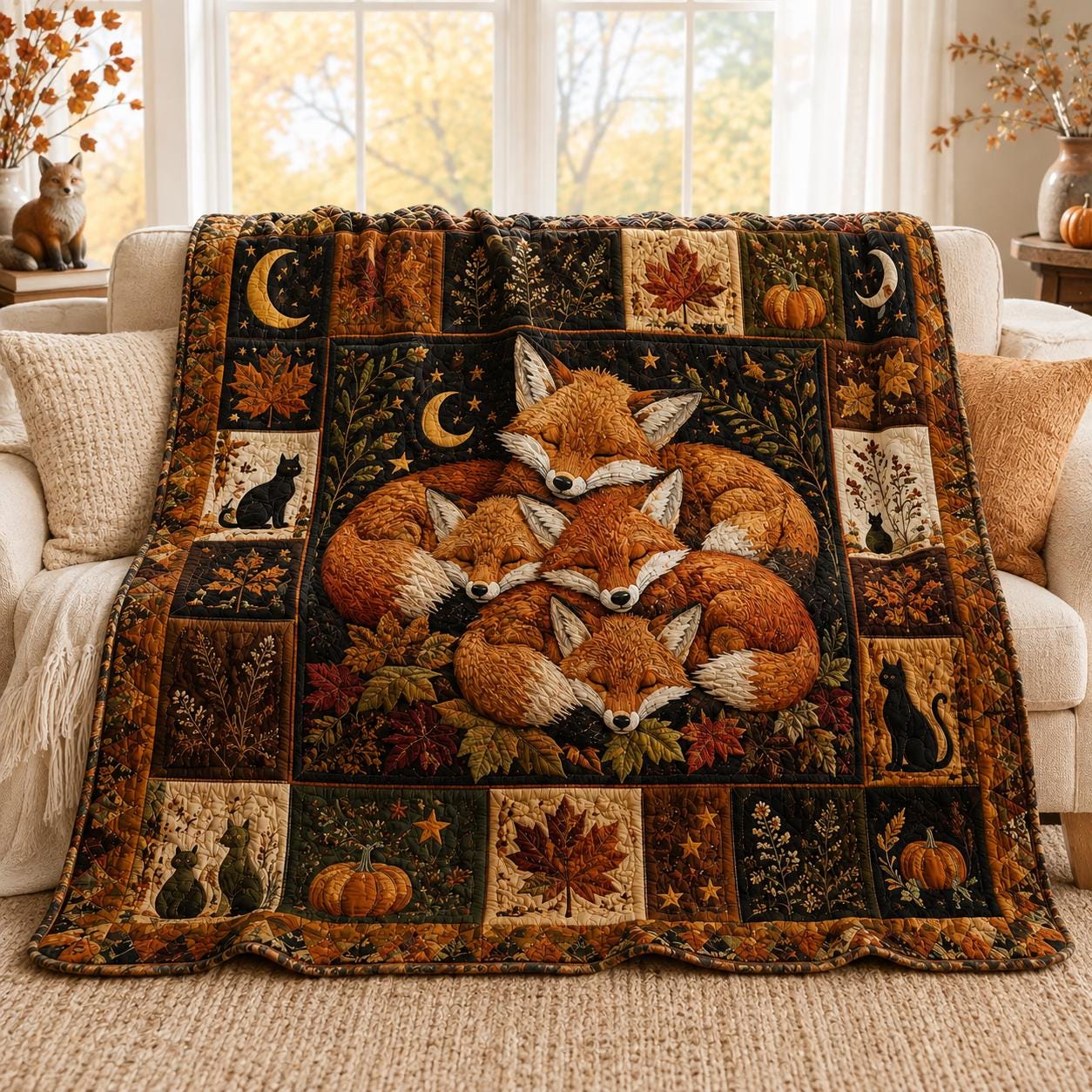 Fox Quilted Blanket – Sleeping Woodland Fox Patchwork Quilt and Cozy Autumn Bedding, Cottagecore Gift for Nature Lovers