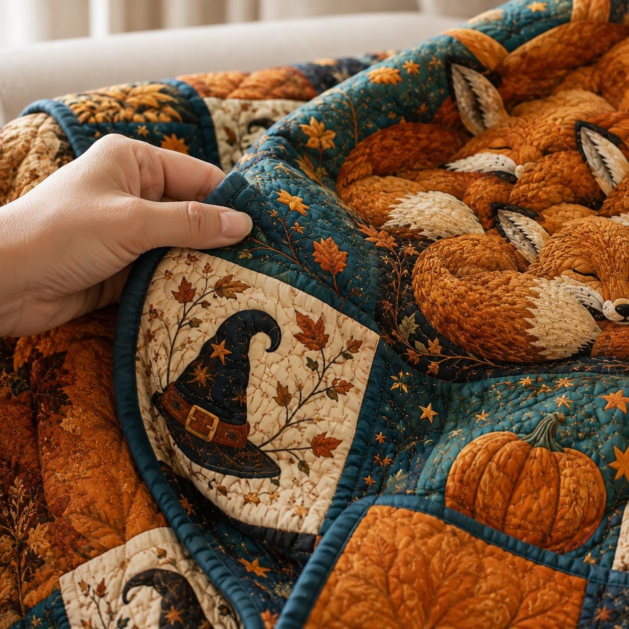 Fox Quilted Blanket – Sleeping Woodland Fox Patchwork Quilt and Cozy Autumn Bedding, Cottagecore Gift for Nature Lovers - photo 2