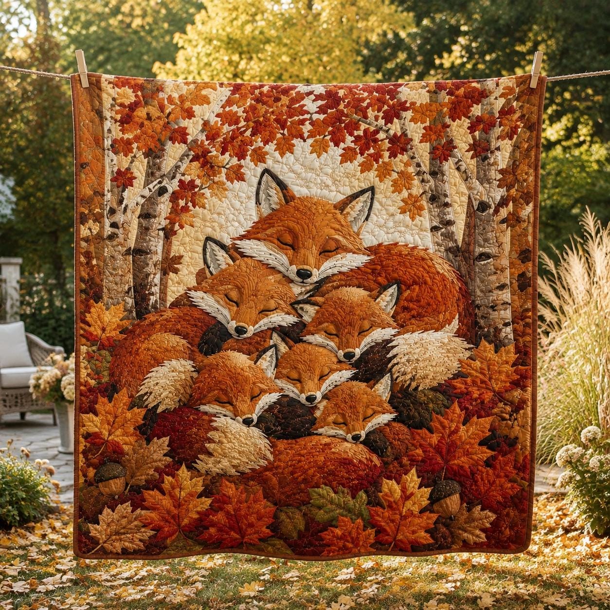 Fox Quilted Blanket – Sleeping Woodland Fox Patchwork Quilt and Cozy Autumn Bedding, Cottagecore Gift for Nature Lovers - photo 3