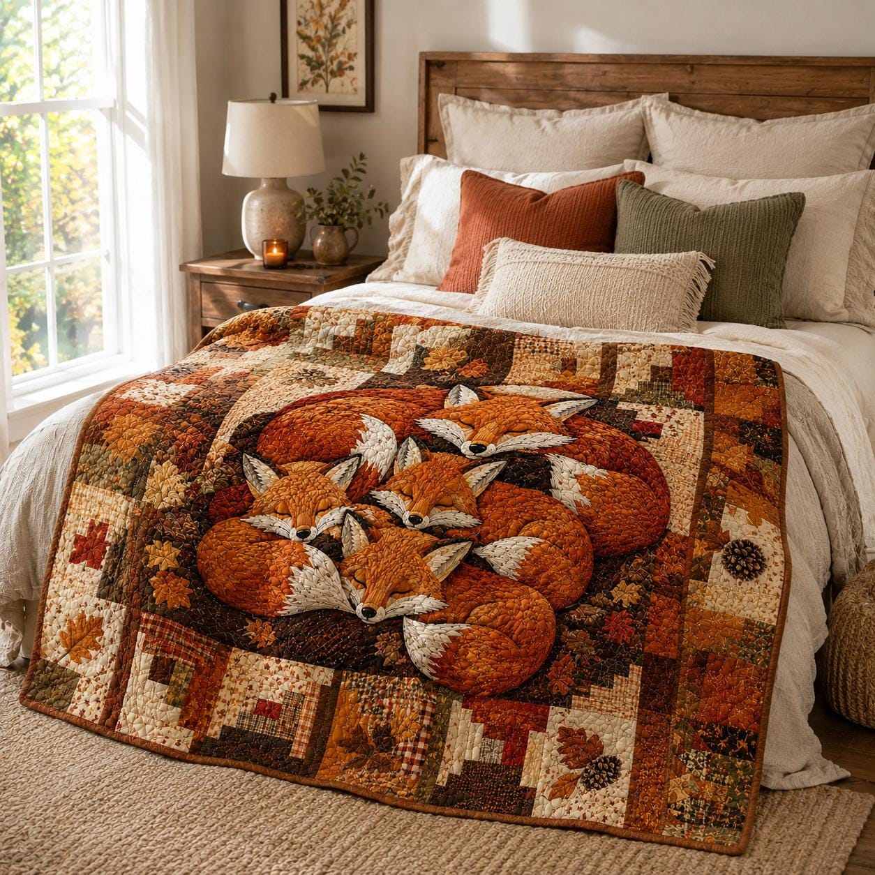 Fox Quilted Blanket – Sleeping Woodland Fox Patchwork Quilt and Cozy Autumn Bedding, Cottagecore Gift for Nature Lovers - photo 4