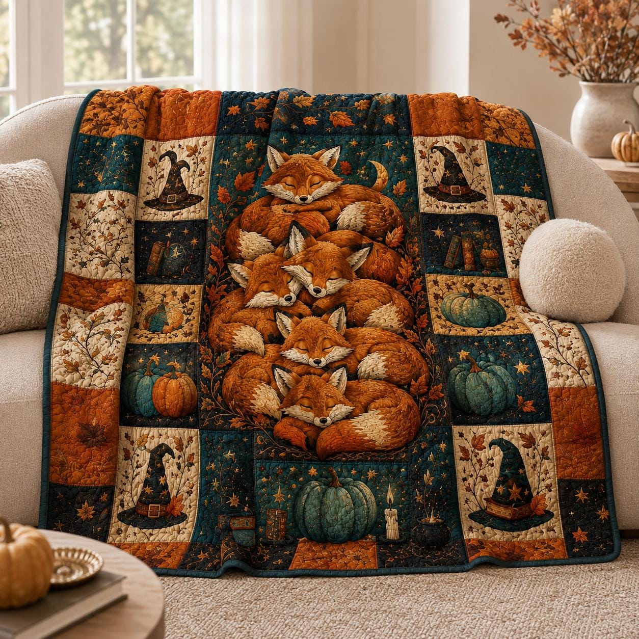 Fox Quilted Blanket – Sleeping Woodland Fox Patchwork Quilt and Cozy Autumn Bedding, Cottagecore Gift for Nature Lovers - photo 6