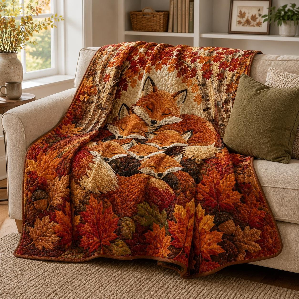 Fox Quilted Blanket – Sleeping Woodland Fox Patchwork Quilt and Cozy Autumn Bedding, Cottagecore Gift for Nature Lovers - photo 7