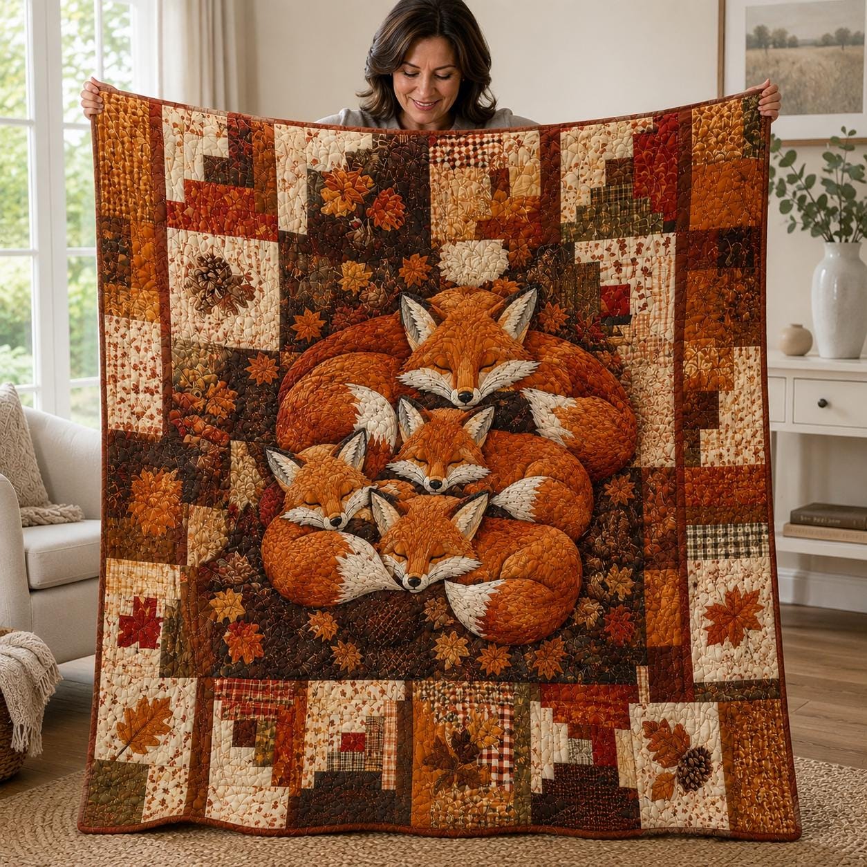 Fox Quilted Blanket – Sleeping Woodland Fox Patchwork Quilt and Cozy Autumn Bedding, Cottagecore Gift for Nature Lovers - photo 8