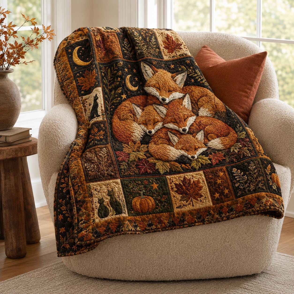 Fox Quilted Blanket – Sleeping Woodland Fox Patchwork Quilt and Cozy Autumn Bedding, Cottagecore Gift for Nature Lovers - photo 9