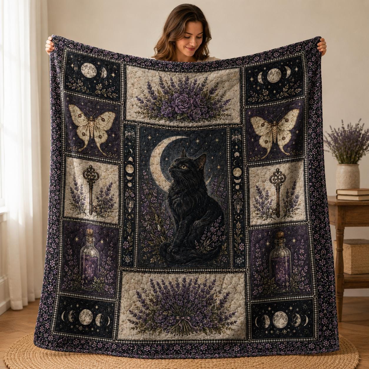 Gothic Celestial Quilted Blanket – Witchy Patchwork Moon Quilt and Mystical Cottagecore Bedding for Halloween Home Decor