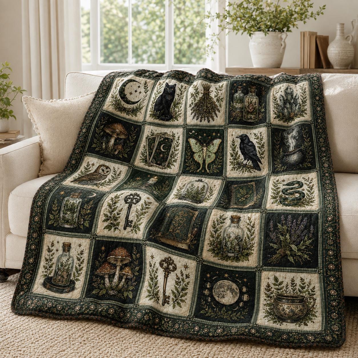 Gothic Celestial Quilted Blanket – Witchy Patchwork Moon Quilt and Mystical Cottagecore Bedding for Halloween Home Decor - photo 2