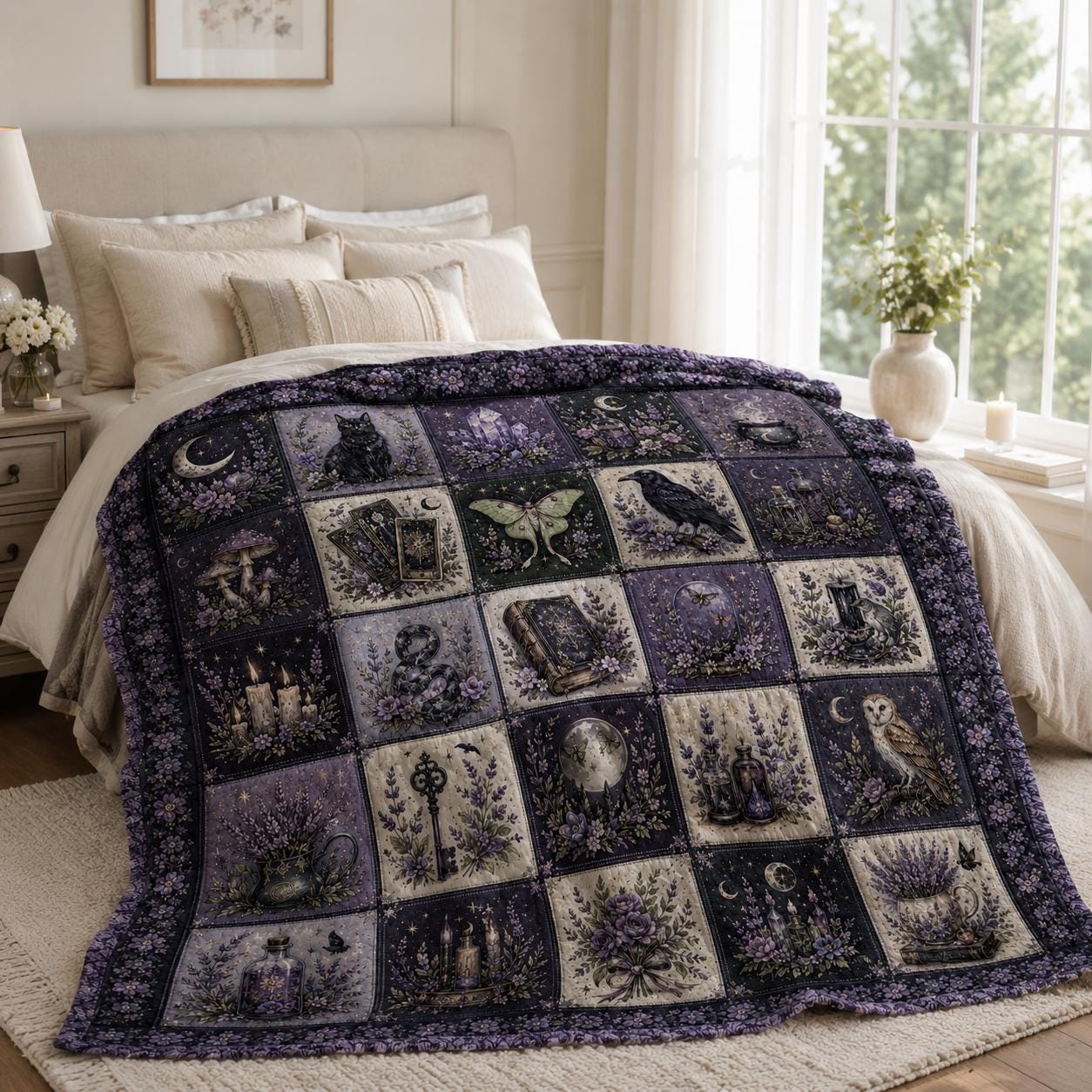 Gothic Celestial Quilted Blanket – Witchy Patchwork Moon Quilt and Mystical Cottagecore Bedding for Halloween Home Decor - photo 3