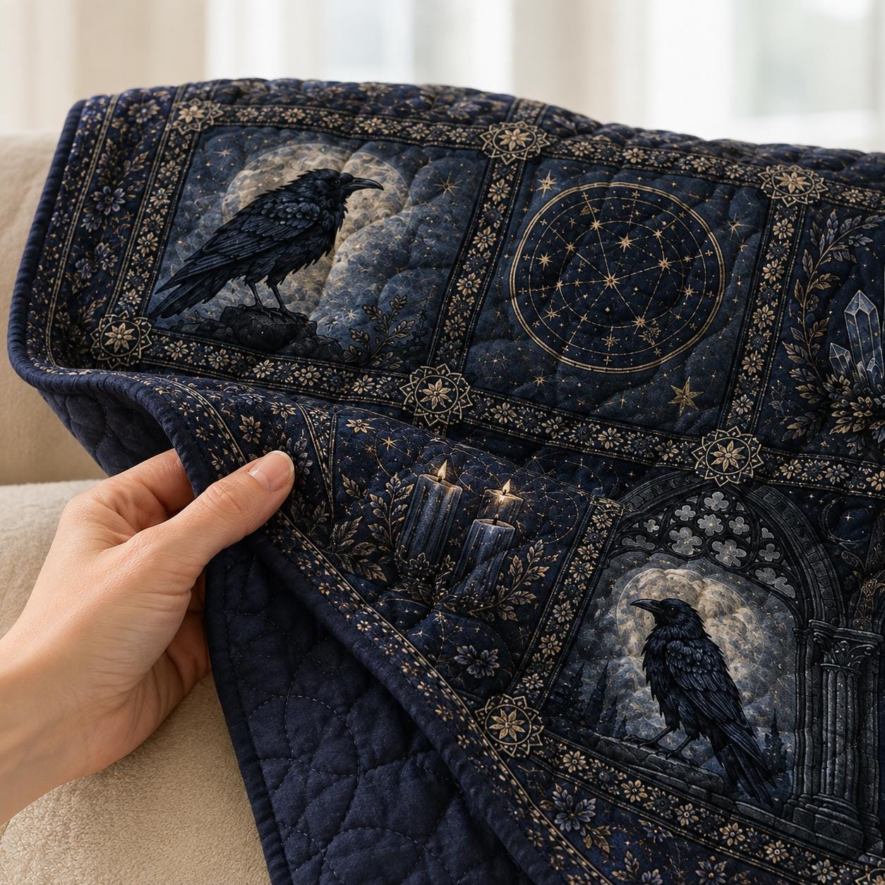 Gothic Celestial Quilted Blanket – Witchy Patchwork Moon Quilt and Mystical Cottagecore Bedding for Halloween Home Decor - photo 8