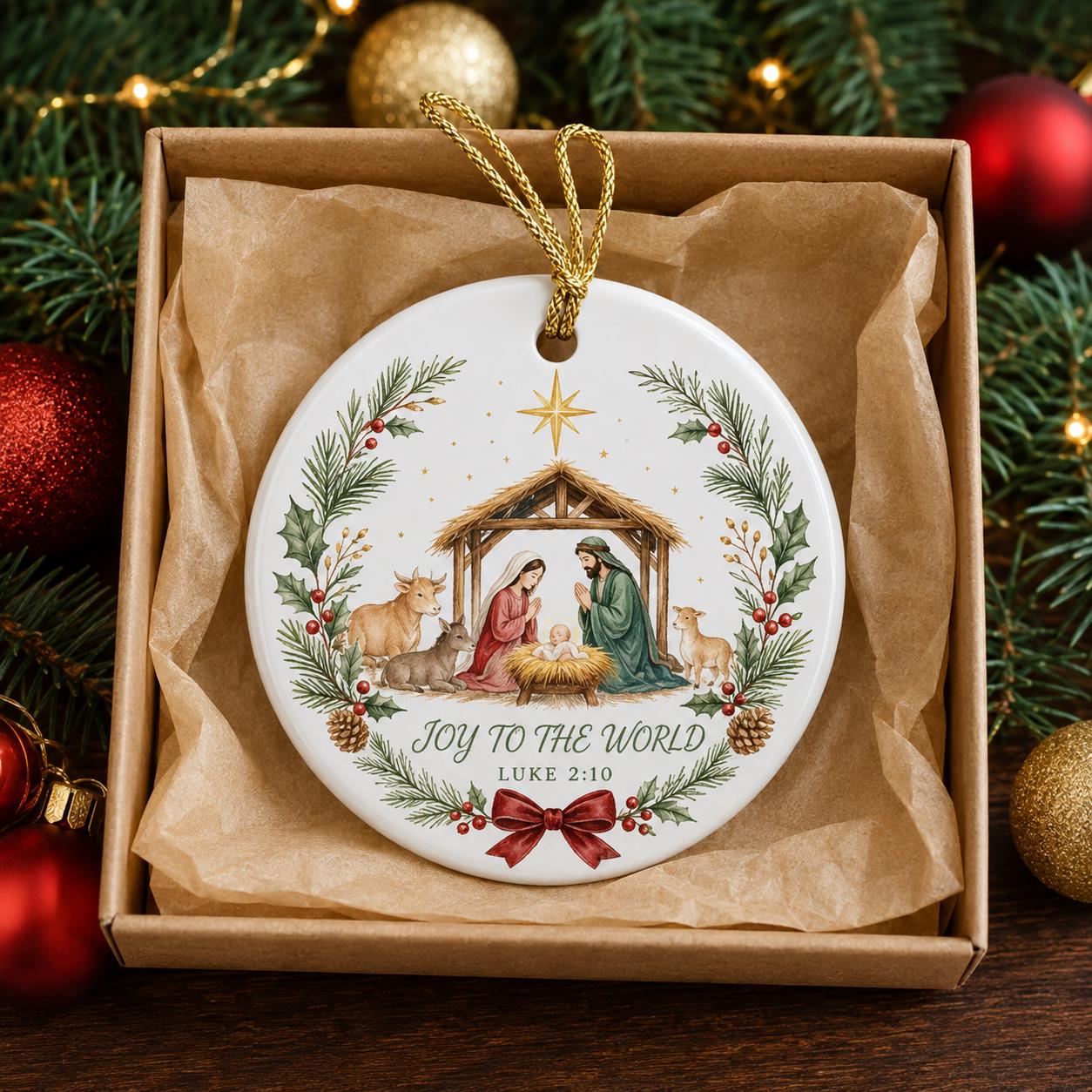 Nativity Christmas Ornament with Joy to the World Ceramic Keepsake for Christian Tree Decoration and Religious Gift with Luke 2:10