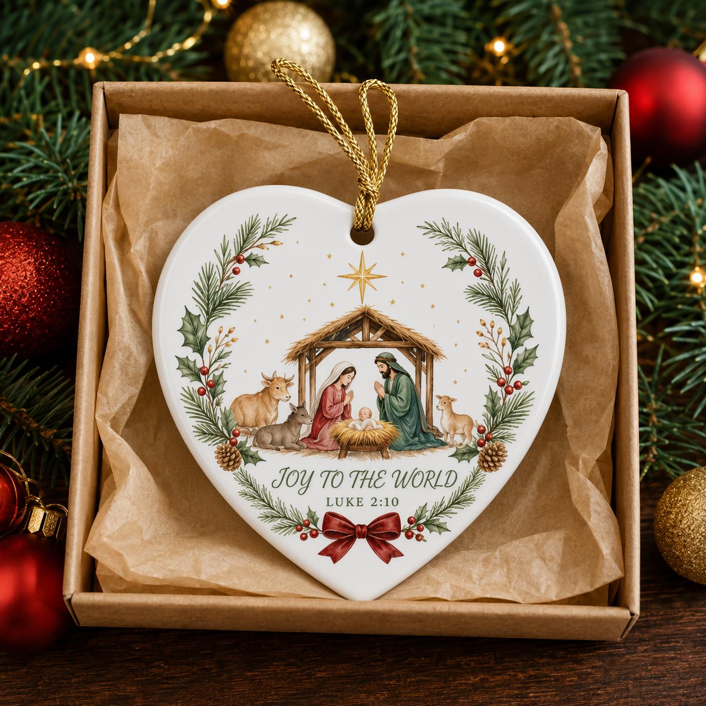 Nativity Christmas Ornament with Joy to the World Ceramic Keepsake for Christian Tree Decoration and Religious Gift with Luke 2:10 - photo 2