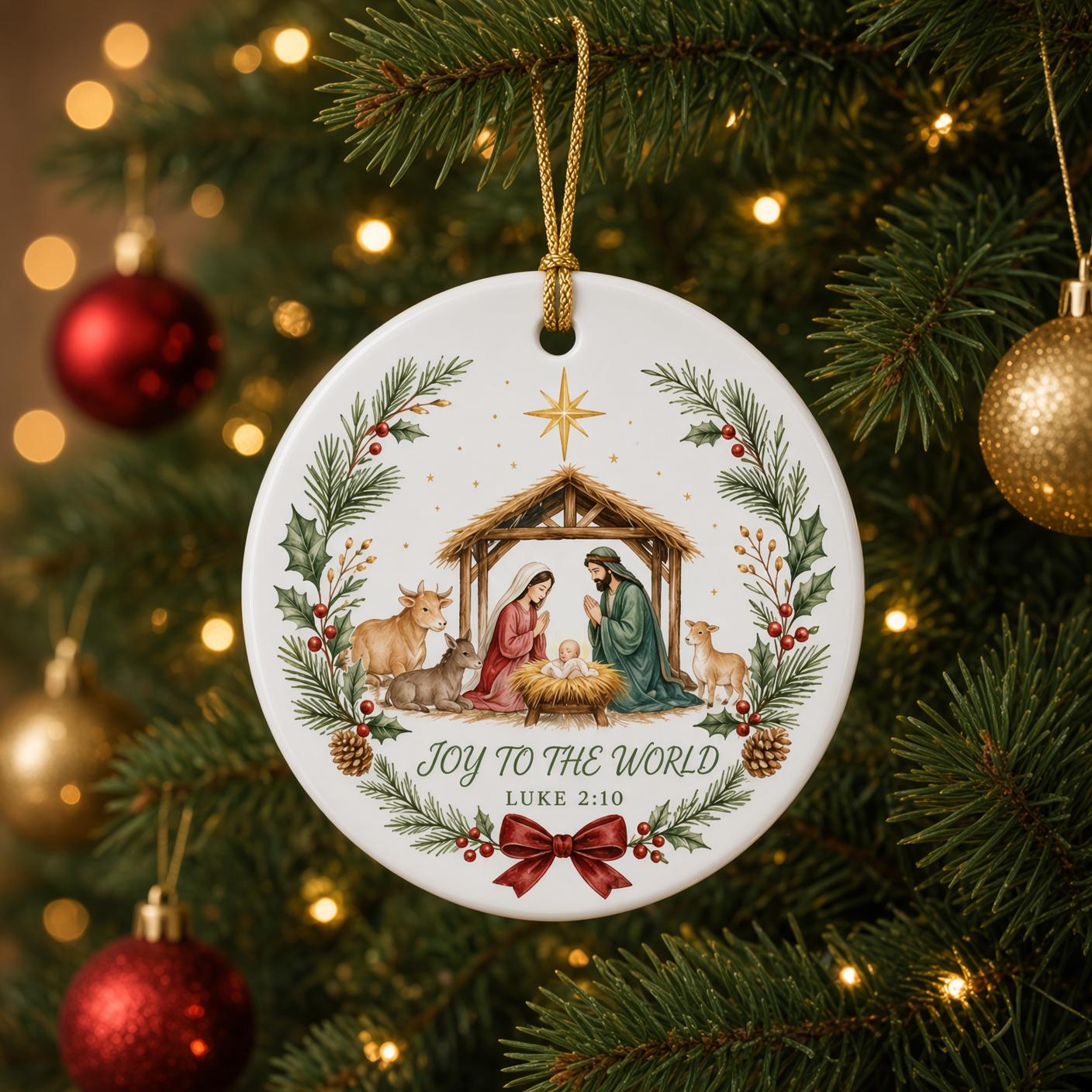Nativity Christmas Ornament with Joy to the World Ceramic Keepsake for Christian Tree Decoration and Religious Gift with Luke 2:10 - photo 3