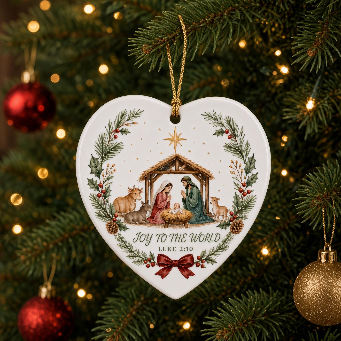 Nativity Christmas Ornament with Joy to the World Ceramic Keepsake for Christian Tree Decoration and Religious Gift with Luke 2:10 - photo 4