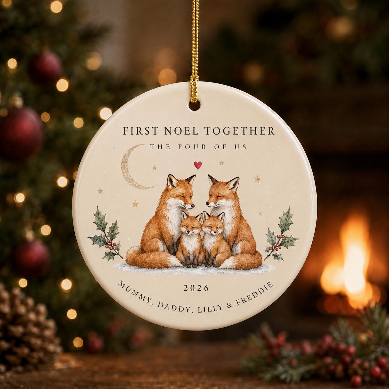 Christmas Ornament – Personalized Family of Four Our First Holiday Season Ceramic Keepsake for Custom Names Gift and Polar Bear