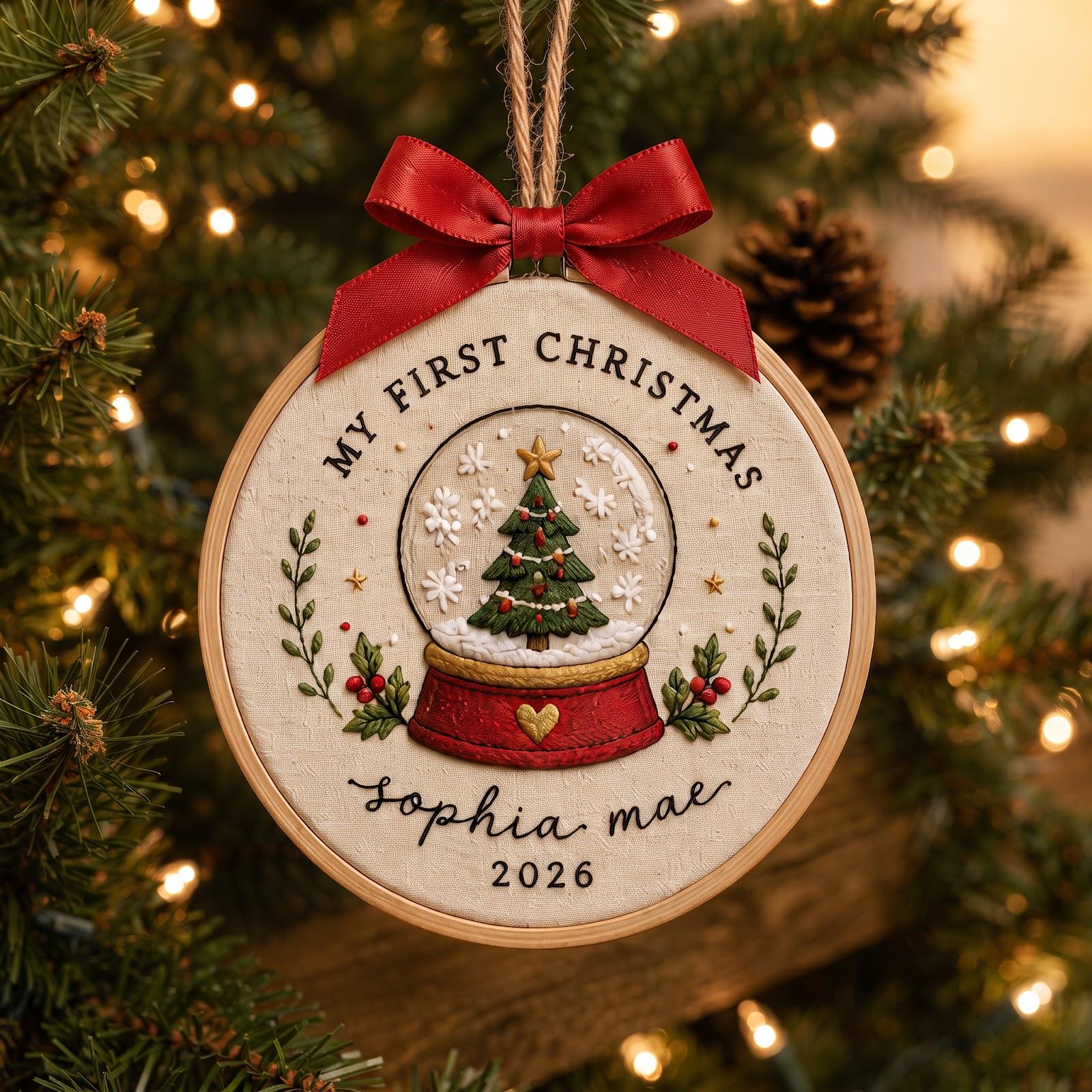 Personalized Baby First Christmas Embroidered Hoop Ornament with Custom Baby Name Snow Globe Keepsake and Newborn Gift 2026