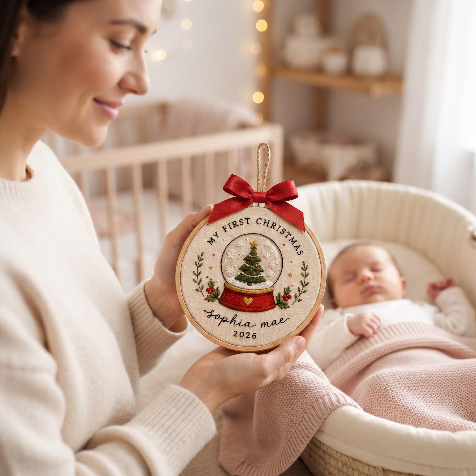 Personalized Baby First Christmas Embroidered Hoop Ornament with Custom Baby Name Snow Globe Keepsake and Newborn Gift 2026 - photo 2