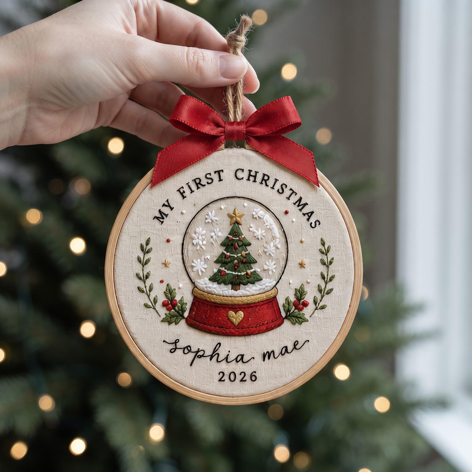 Personalized Baby First Christmas Embroidered Hoop Ornament with Custom Baby Name Snow Globe Keepsake and Newborn Gift 2026 - photo 4