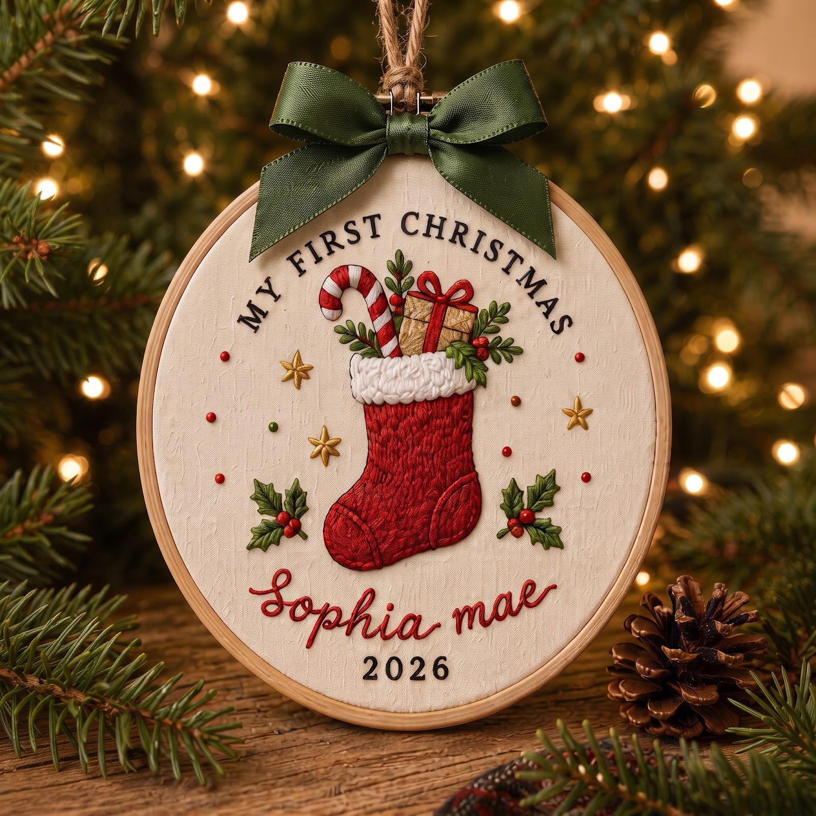 Personalized Baby First Christmas Embroidered Hoop Ornament with Custom Baby Name Stocking Keepsake and Newborn Holiday Gift 2026