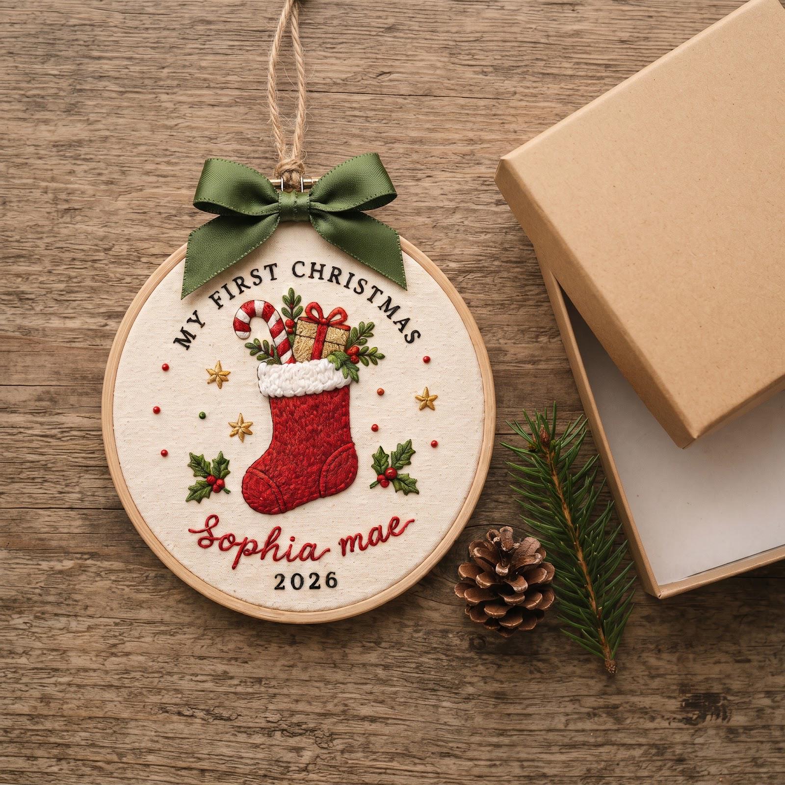 Personalized Baby First Christmas Embroidered Hoop Ornament with Custom Baby Name Stocking Keepsake and Newborn Holiday Gift 2026 - photo 2