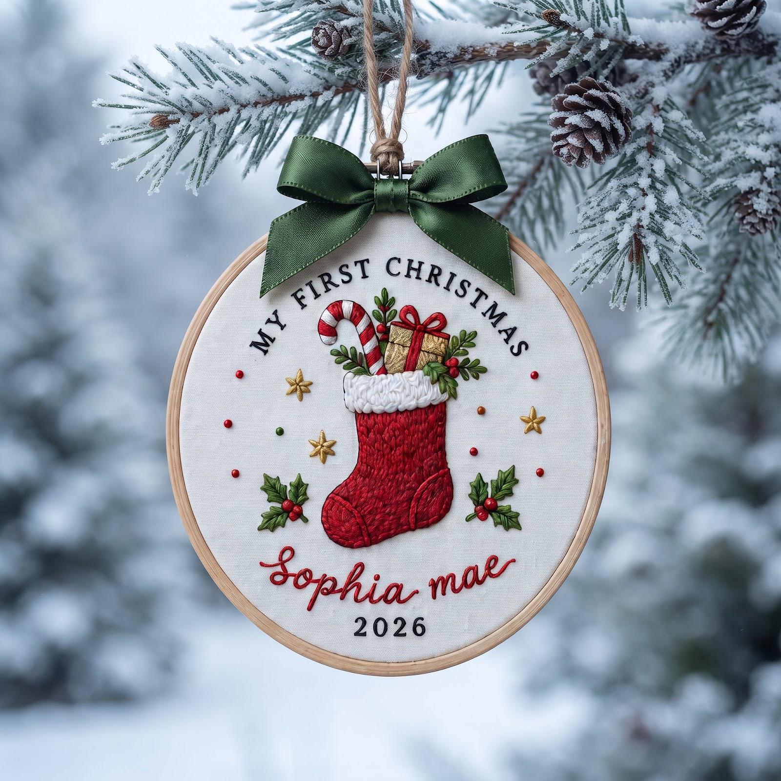 Personalized Baby First Christmas Embroidered Hoop Ornament with Custom Baby Name Stocking Keepsake and Newborn Holiday Gift 2026 - photo 3