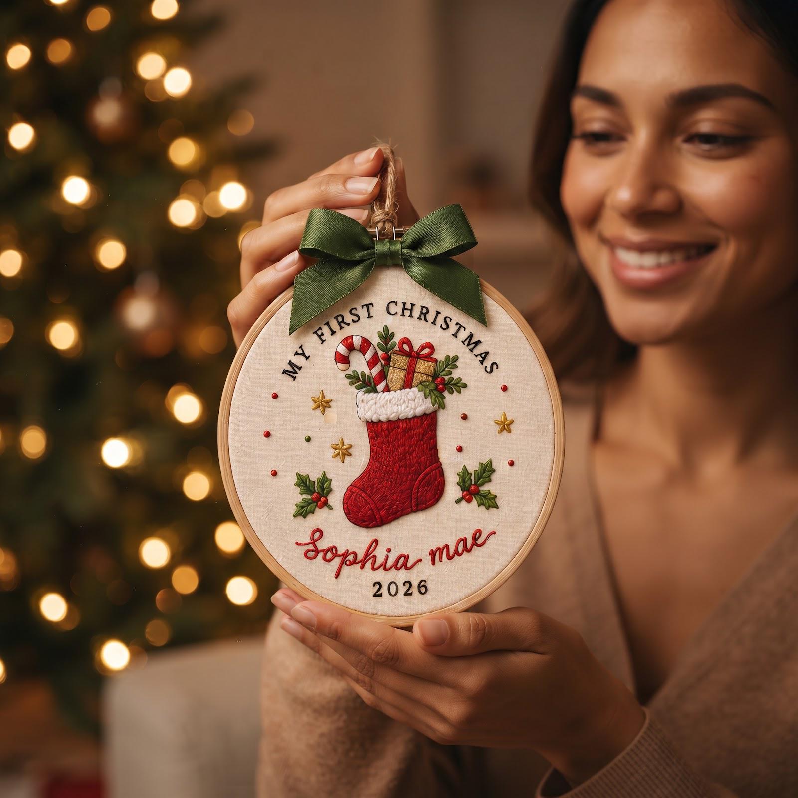 Personalized Baby First Christmas Embroidered Hoop Ornament with Custom Baby Name Stocking Keepsake and Newborn Holiday Gift 2026 - photo 4