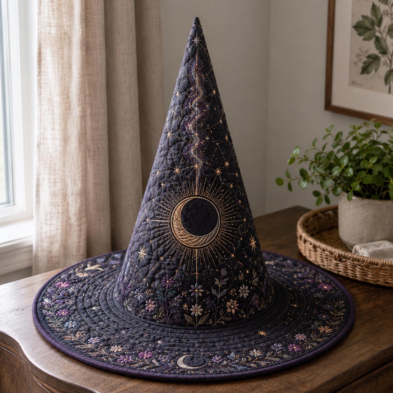 Celestial Quilted Witch Hat for Moon Star Halloween Decor and Mystical Lunar Table Centerpiece with Witchy Gift for Moon Lovers