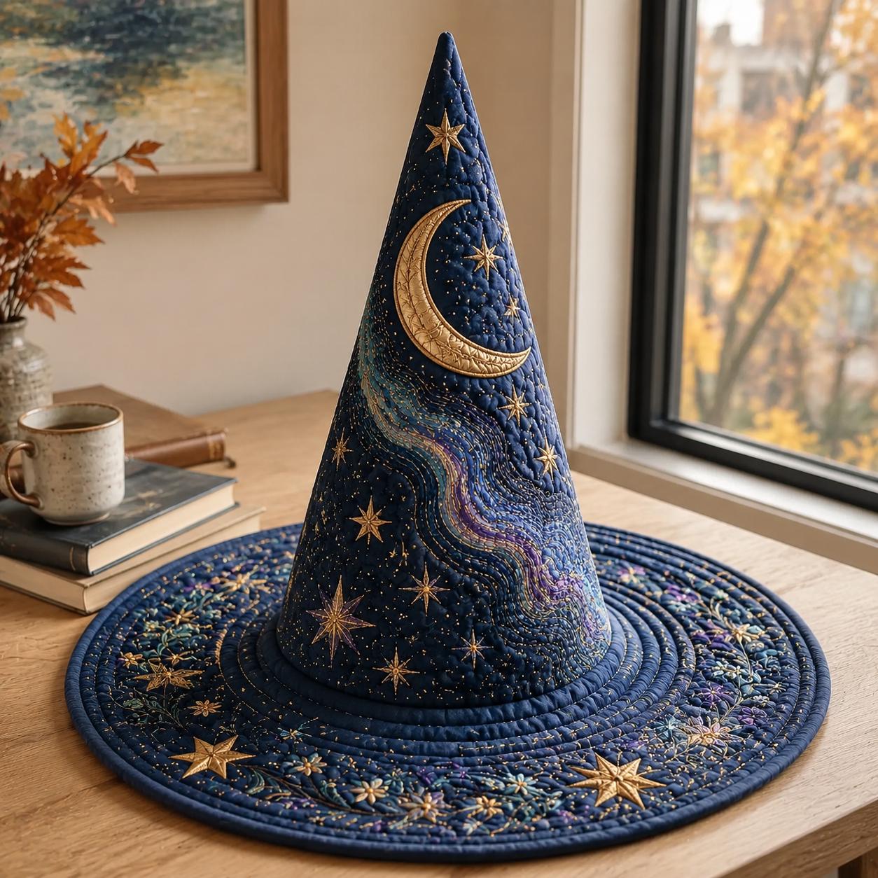 Celestial Quilted Witch Hat for Moon Star Halloween Decor and Mystical Lunar Table Centerpiece with Witchy Gift for Moon Lovers - photo 2