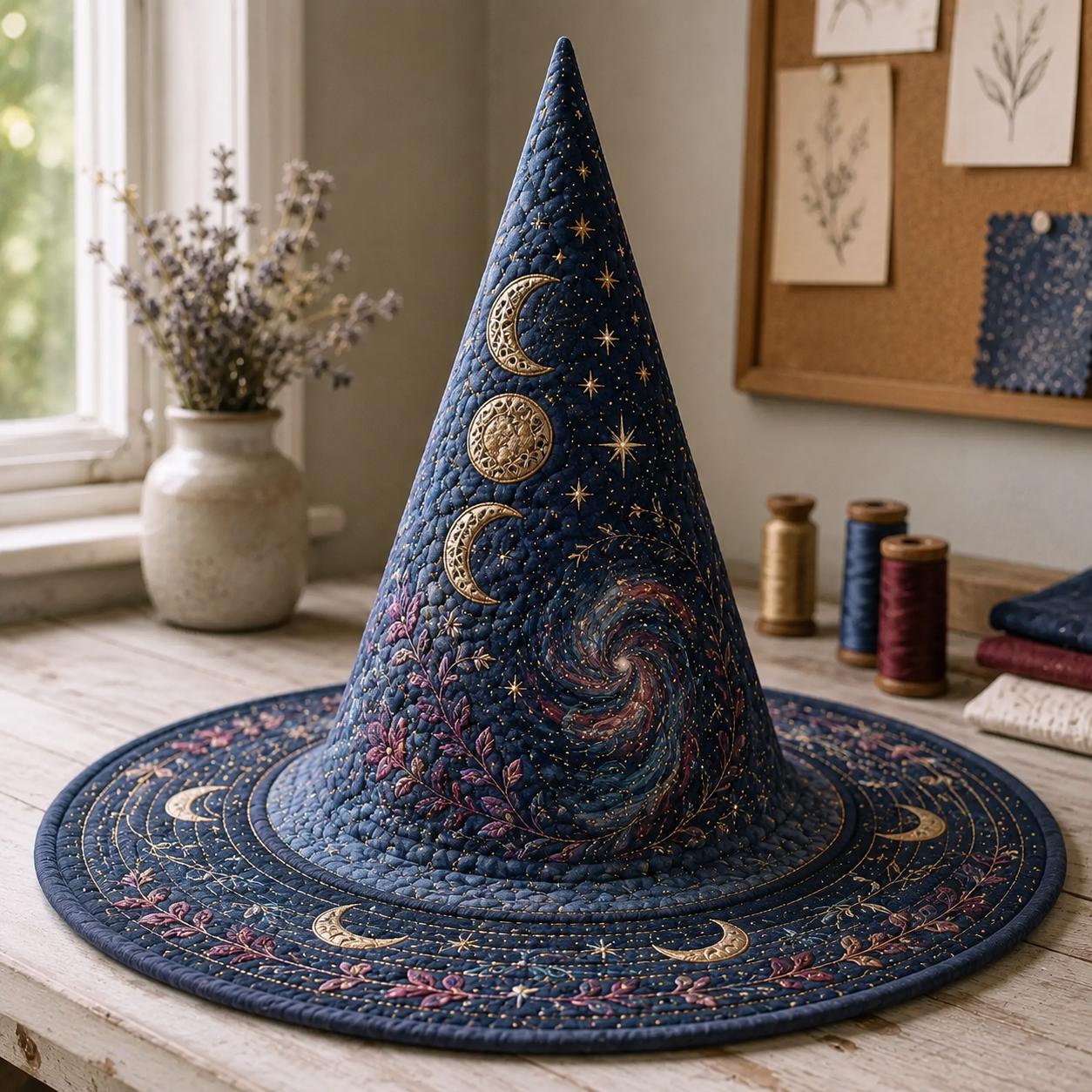 Celestial Quilted Witch Hat for Moon Star Halloween Decor and Mystical Lunar Table Centerpiece with Witchy Gift for Moon Lovers - photo 3