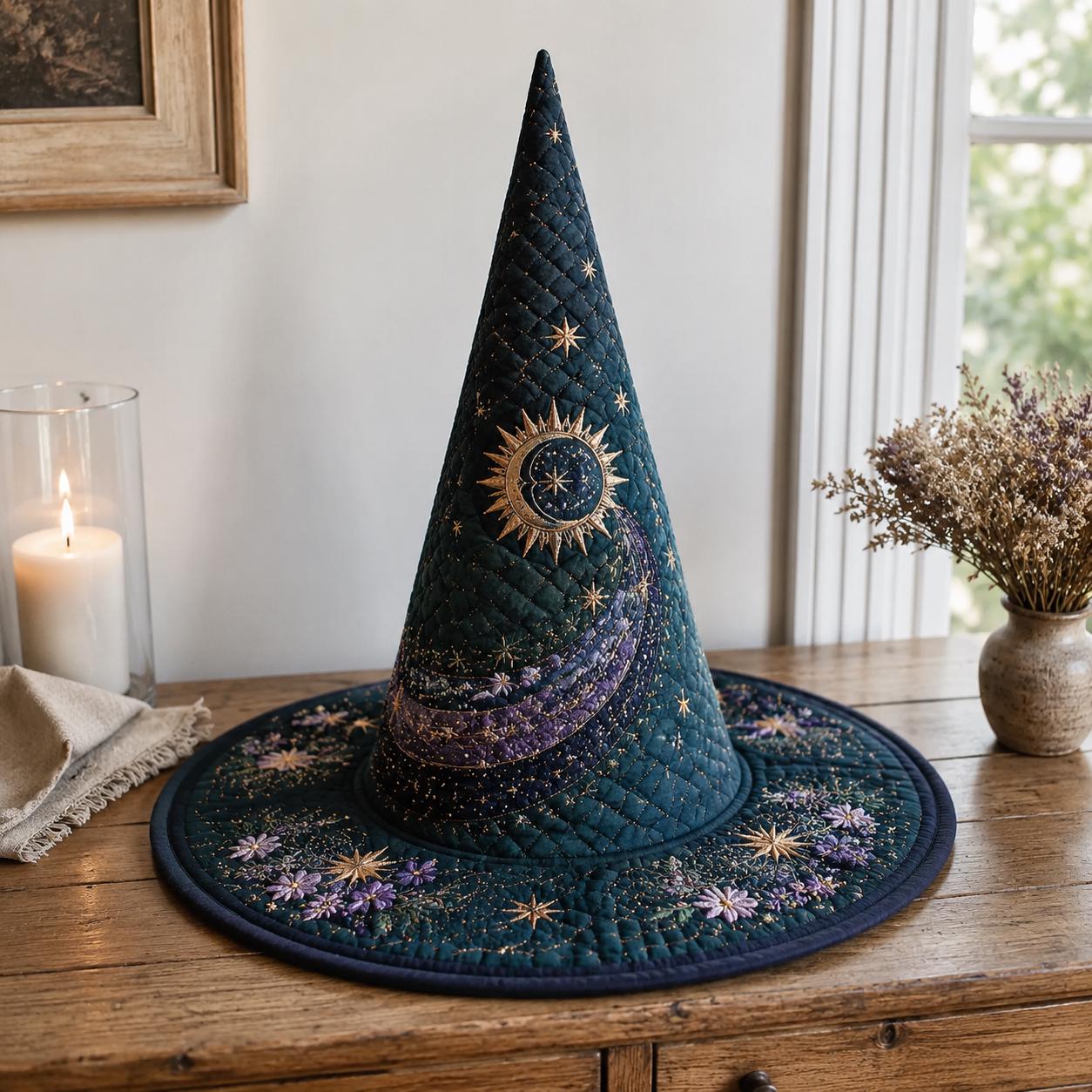 Celestial Quilted Witch Hat for Moon Star Halloween Decor and Mystical Lunar Table Centerpiece with Witchy Gift for Moon Lovers - photo 4