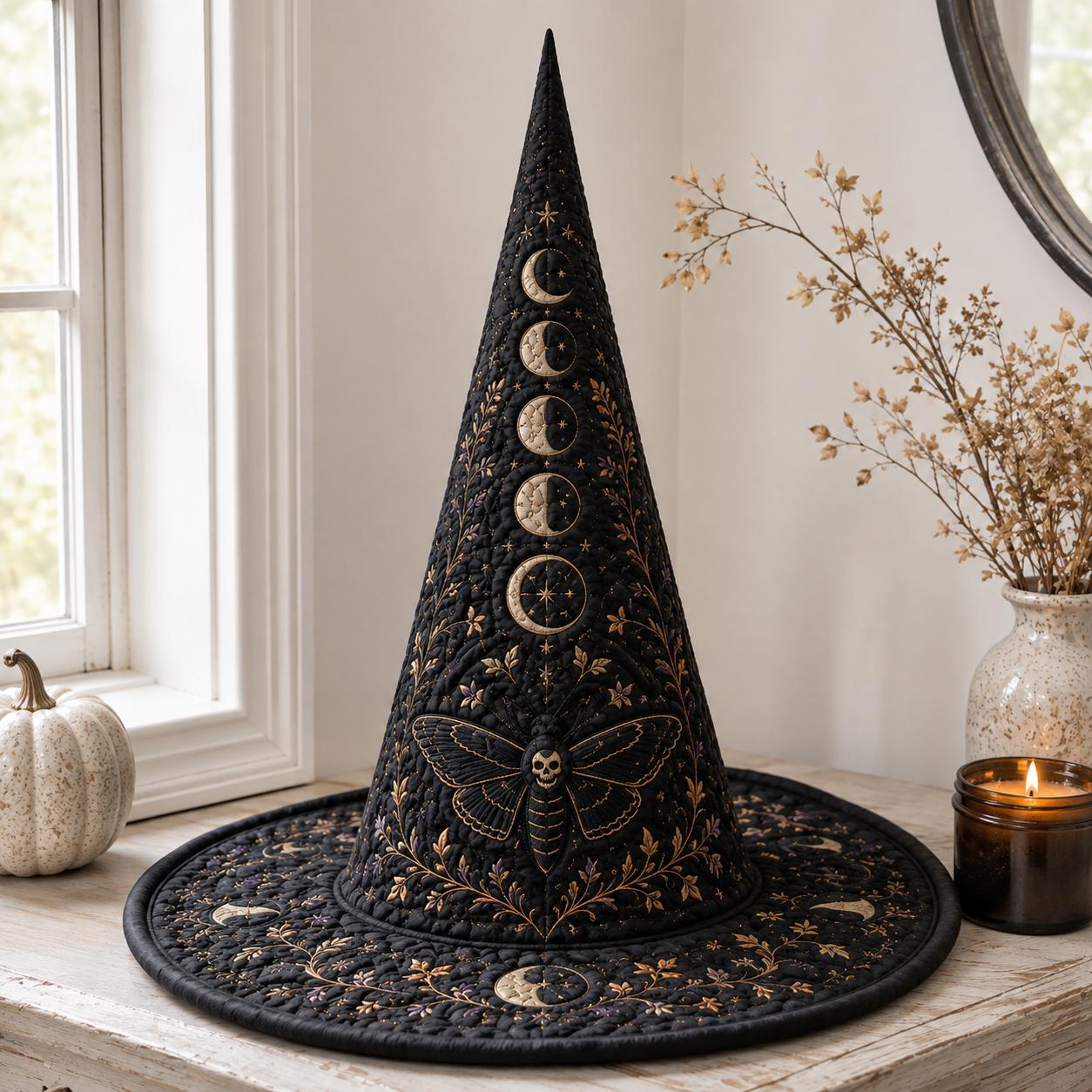 Moon Phase Quilted Witch Hat for Celestial Moth Halloween Decor and Lunar Witchy Table Centerpiece with Mystical Gothic Gift