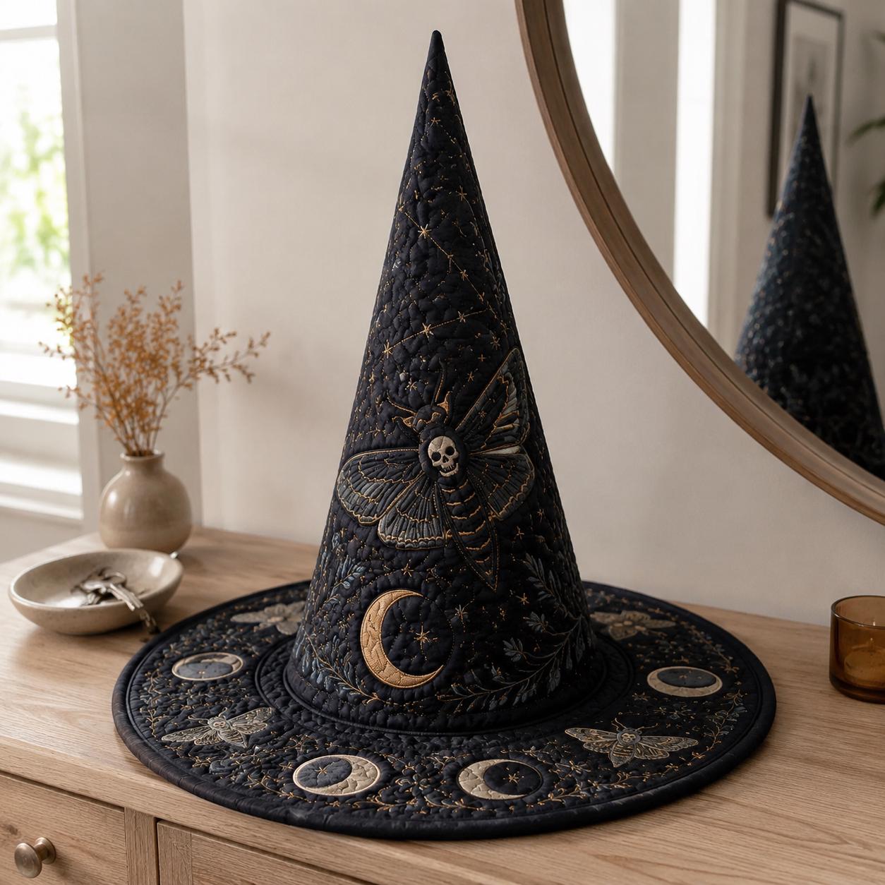 Moon Phase Quilted Witch Hat for Celestial Moth Halloween Decor and Lunar Witchy Table Centerpiece with Mystical Gothic Gift - photo 2