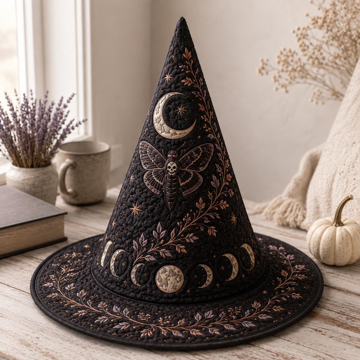 Moon Phase Quilted Witch Hat for Celestial Moth Halloween Decor and Lunar Witchy Table Centerpiece with Mystical Gothic Gift - photo 3