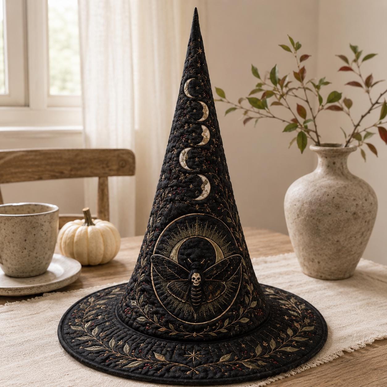 Moon Phase Quilted Witch Hat for Celestial Moth Halloween Decor and Lunar Witchy Table Centerpiece with Mystical Gothic Gift - photo 4