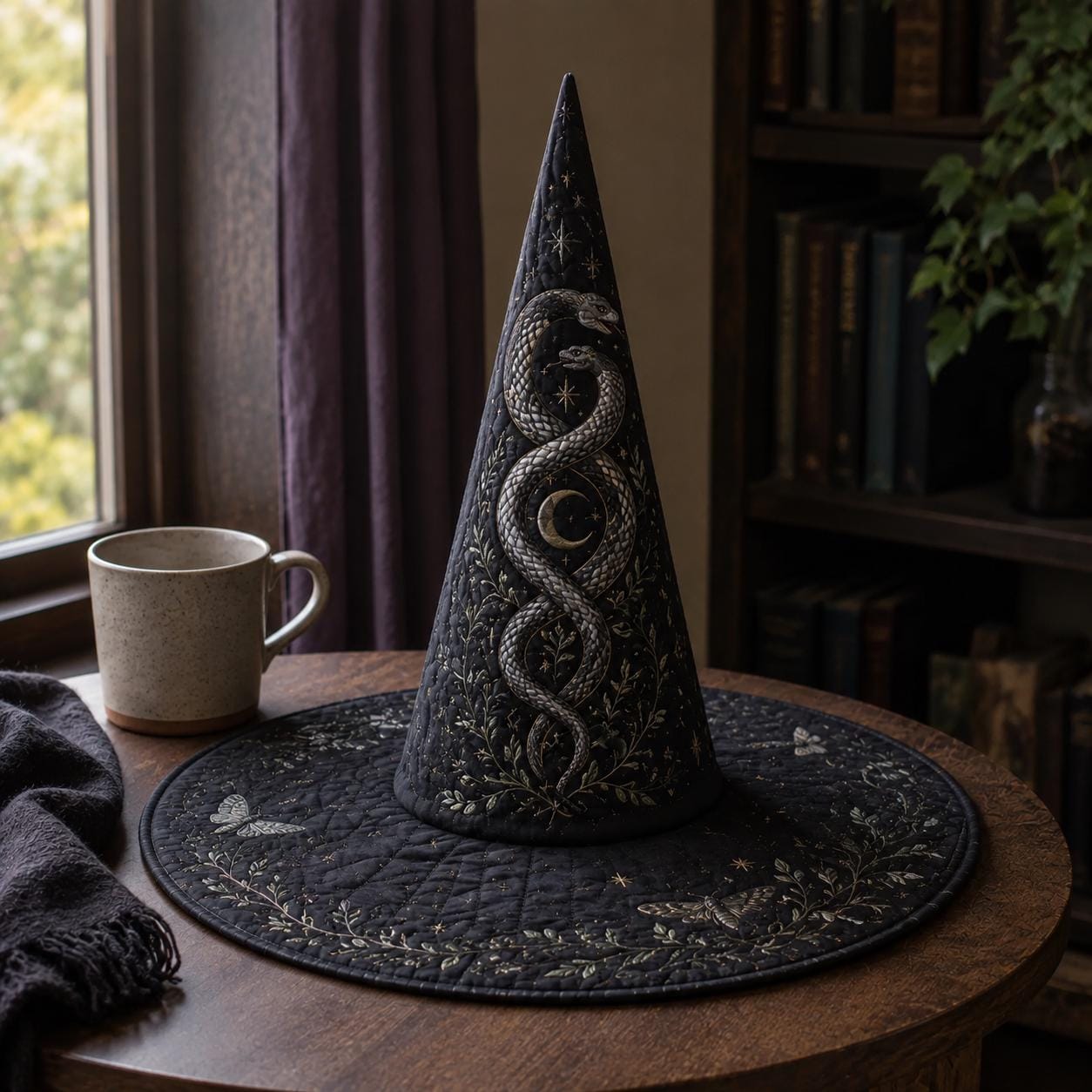 Witch Hat β Quilted Celestial Snake Moon Serpent Gothic Witchy Table Centerpiece Decor for Mystical Lover Gift and Halloween