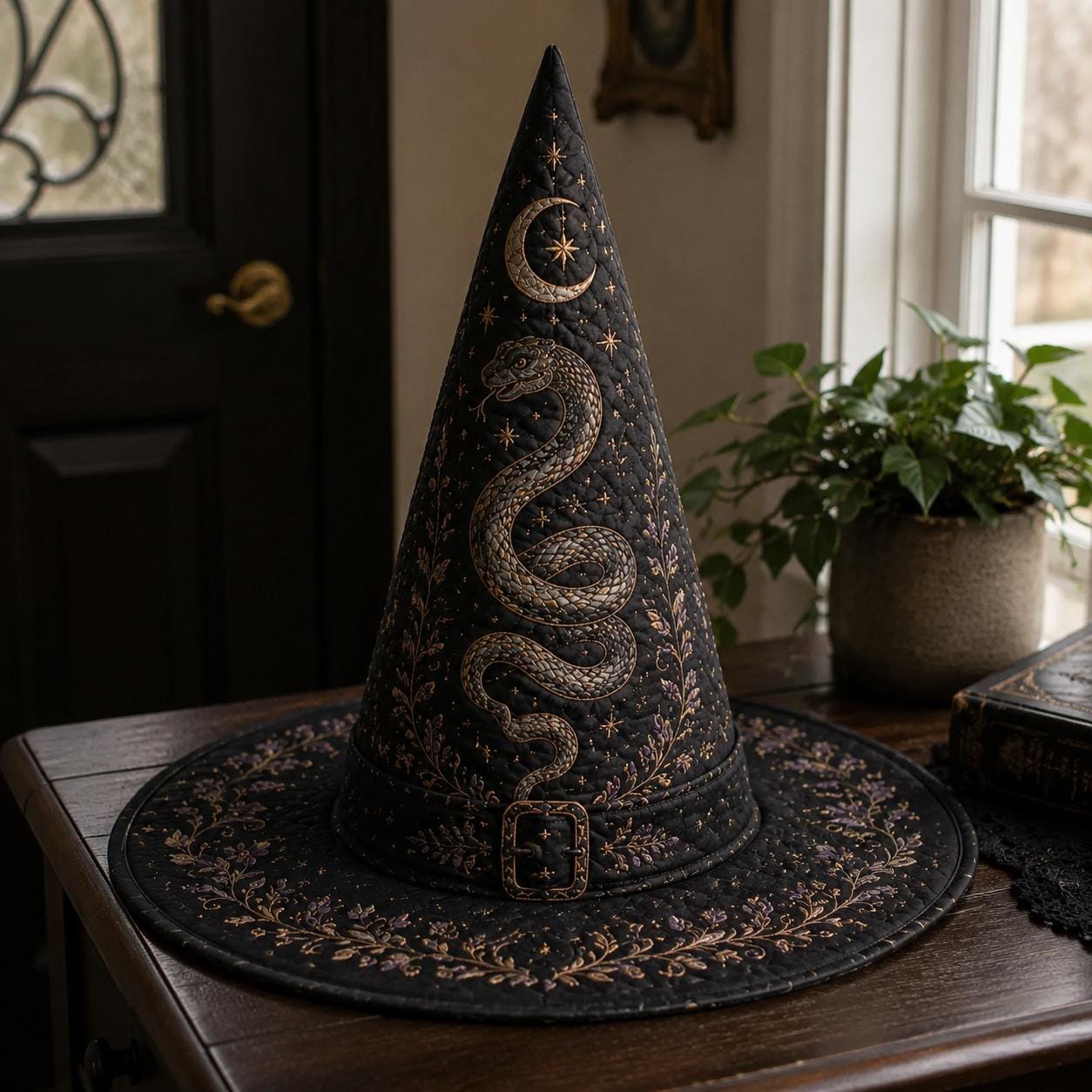 Witch Hat – Quilted Celestial Snake Moon Serpent Gothic Witchy Table Centerpiece Decor for Mystical Lover Gift and Halloween - photo 3