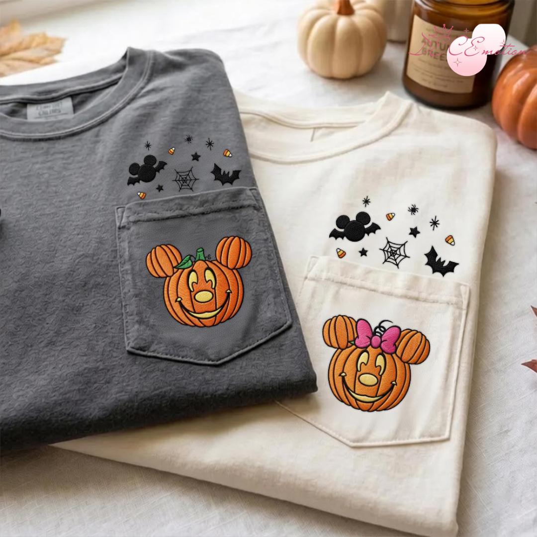 Embroidered Mickey and Minnie Pumpkin Comfort Colors Pocket Shirt for Mickey's Not So Scary Disney Halloween Party Spooky Tee
