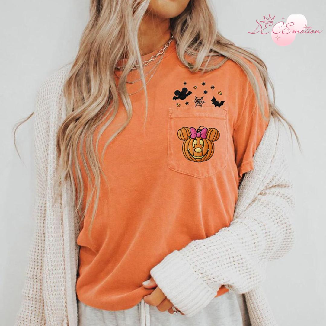 Embroidered Mickey and Minnie Pumpkin Comfort Colors Pocket Shirt for Mickey's Not So Scary Disney Halloween Party Spooky Tee - photo 3