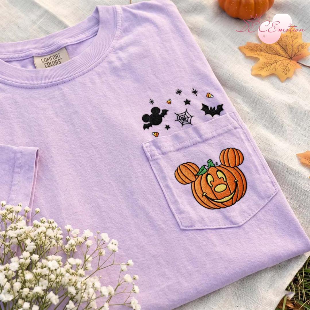 Embroidered Mickey and Minnie Pumpkin Comfort Colors Pocket Shirt for Mickey's Not So Scary Disney Halloween Party Spooky Tee - photo 5