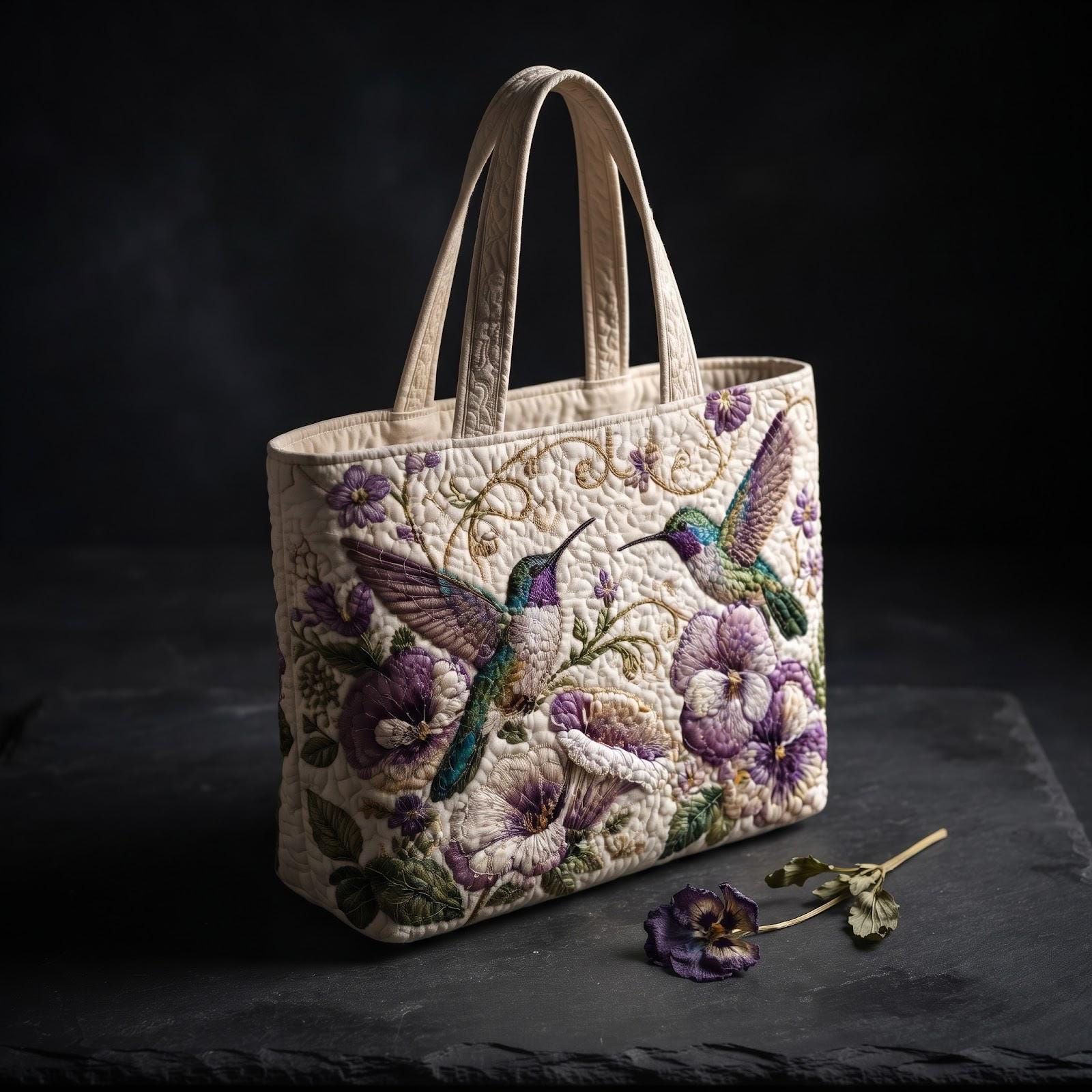 Hummingbird Floral Tote Bag – Purple Pansy Shoulder Bag for Bird Lover Gift, Cottagecore Garden Market Bag, Spring Nature Gift, Quilted Style