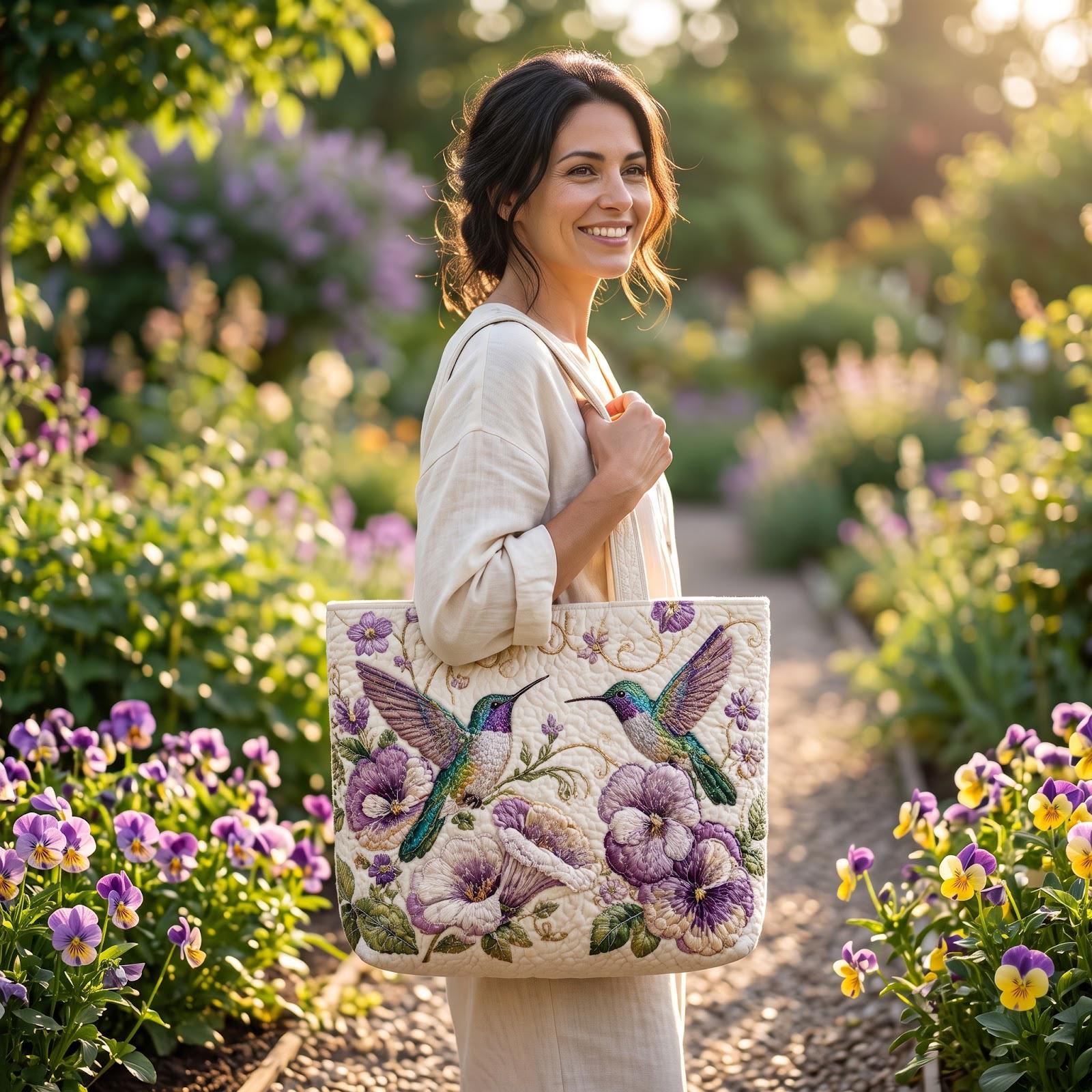 Hummingbird Floral Tote Bag – Purple Pansy Shoulder Bag for Bird Lover Gift, Cottagecore Garden Market Bag, Spring Nature Gift, Quilted Style - photo 2
