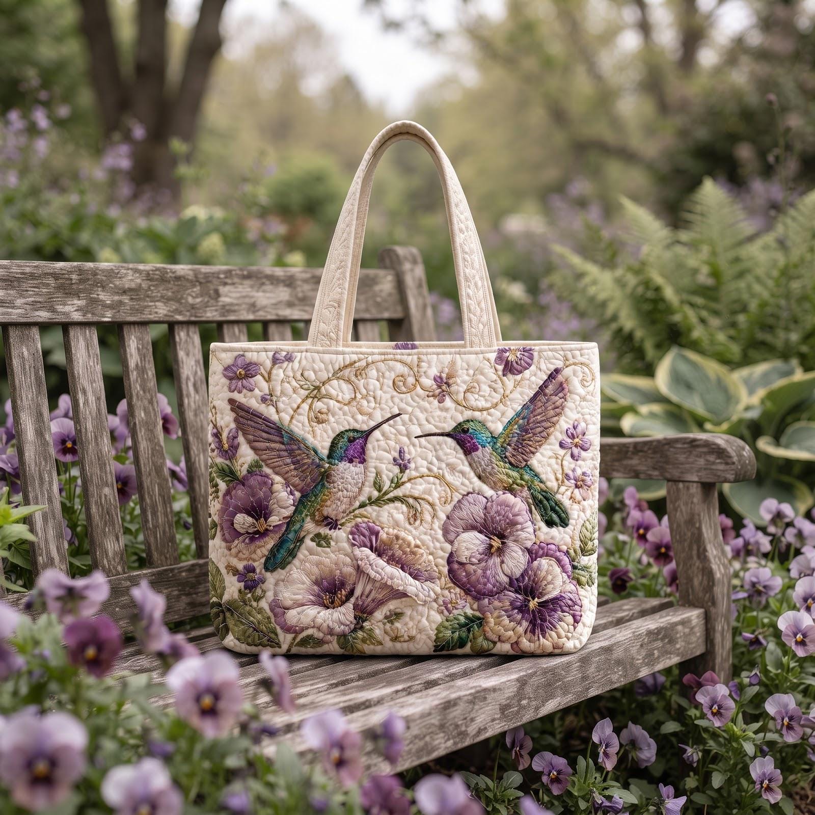 Hummingbird Floral Tote Bag – Purple Pansy Shoulder Bag for Bird Lover Gift, Cottagecore Garden Market Bag, Spring Nature Gift, Quilted Style - photo 3