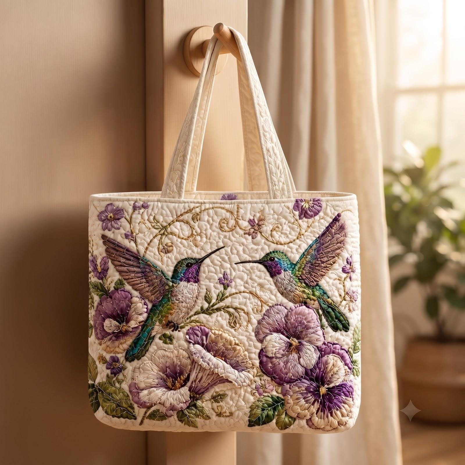 Hummingbird Floral Tote Bag – Purple Pansy Shoulder Bag for Bird Lover Gift, Cottagecore Garden Market Bag, Spring Nature Gift, Quilted Style - photo 4