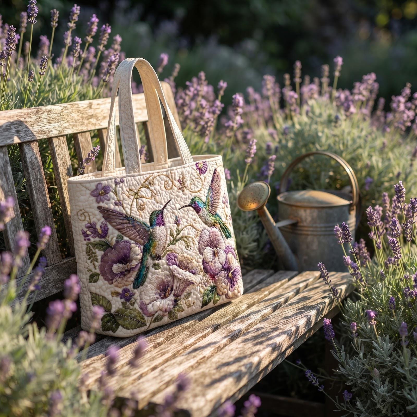 Hummingbird Floral Tote Bag – Purple Pansy Shoulder Bag for Bird Lover Gift, Cottagecore Garden Market Bag, Spring Nature Gift, Quilted Style - photo 7