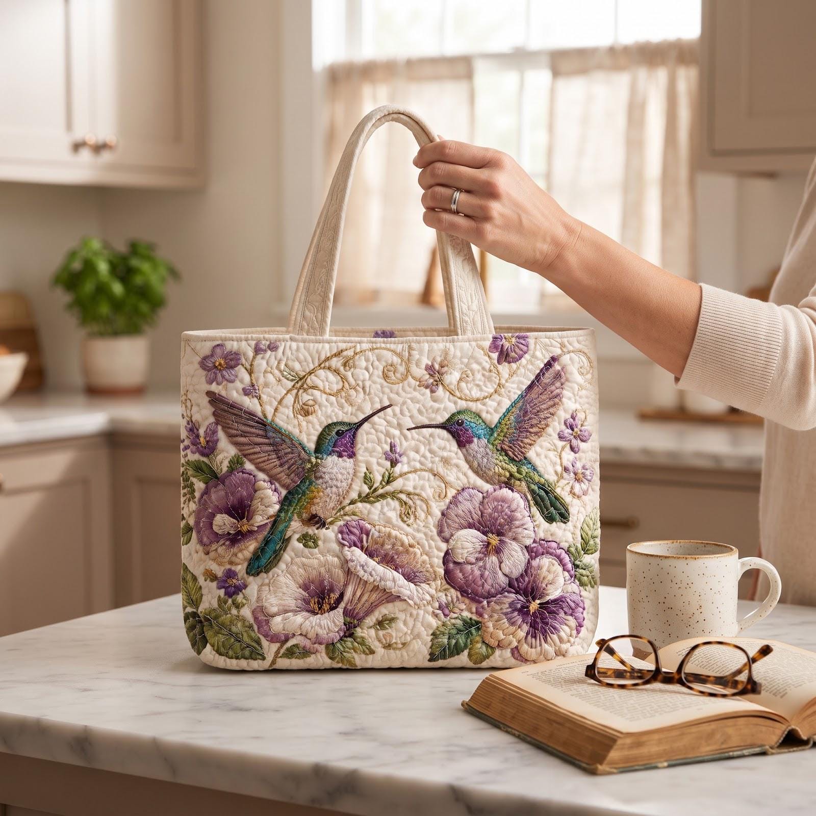 Hummingbird Floral Tote Bag – Purple Pansy Shoulder Bag for Bird Lover Gift, Cottagecore Garden Market Bag, Spring Nature Gift, Quilted Style - photo 8