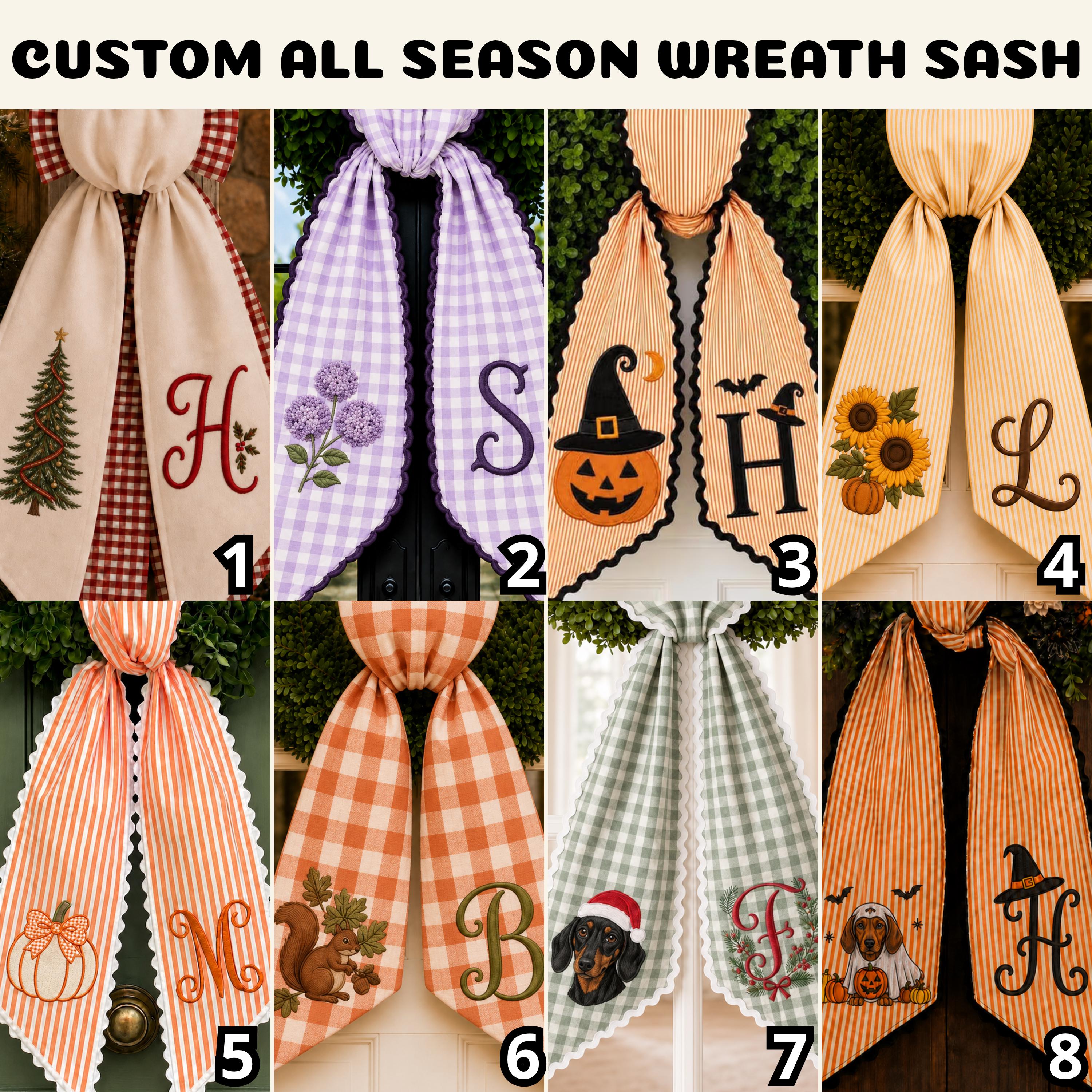 Personalized Embroidery Monogram All Season Wreath Sash Bundle โ Floral Christmas, Halloween, and Fall Seasonal Front Door Decor Bow