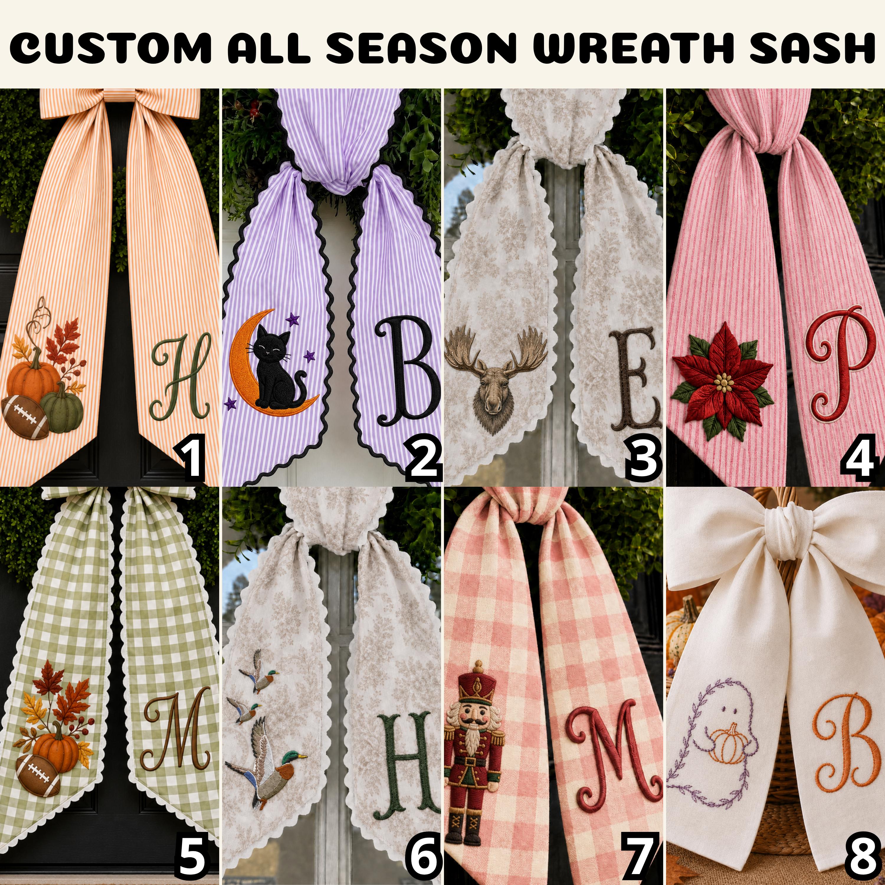 Personalized Custom Embroidery Monogram All Season Wreath Sash Bow – Poinsettia Wildlife Front Door Decor for Halloween, Fall, Christmas
