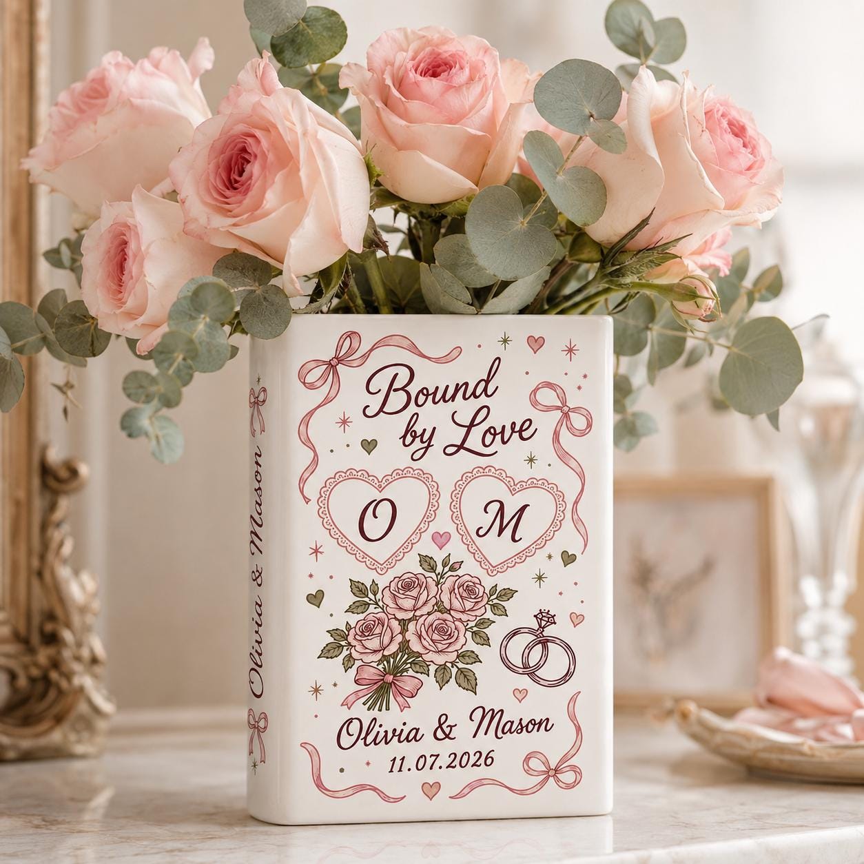 Personalized Wedding Book Vase – Custom Couple Name Ceramic Vase, Bound By Love Floral Bridal Shower Gift, Wedding Keepsake Decor